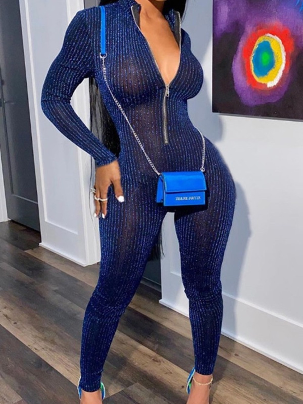 Deep Navy Metallic Ribbed Zip-Front Jumpsuit